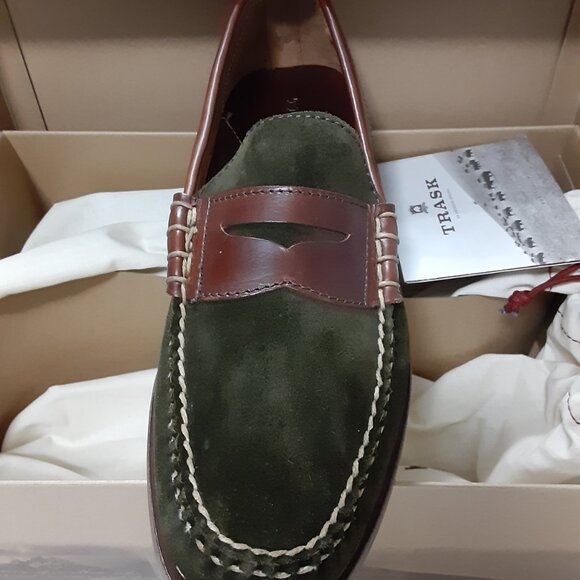 TRASK HUNTER MEN GREEN SUEDE DARK BROWN STEER LEATHER SLIP ON SHOES 11M - Picture 10 of 16